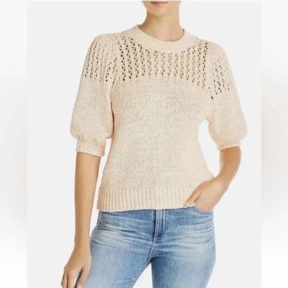 Joie Open Knit Puff Sleeve Una Crewneck Sweater‎ Melon Womens Size Large - Picture 1 of 5